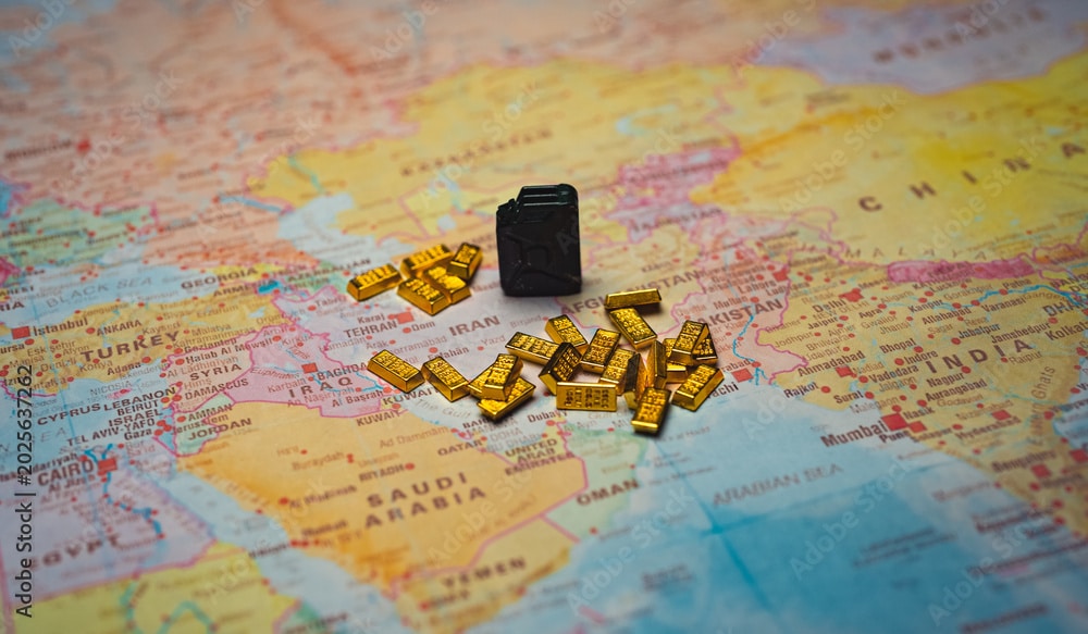 Lingots d'or et carte du détroit d'Ormuz — or valeur refuge guerre Iran 2026