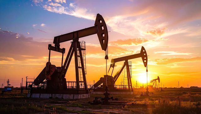 Silhouetted oil pumpjacks are seen working in an industrial landscape against a dramatic sunset sky symbolizing energy production